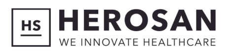 Logotip podjetja Herosan, z oznako "HS" in sloganom "WE INNOVATE HEALTHCARE." Oblika je preprosta, z moderno tipografijo in črno-belo zasnovo.